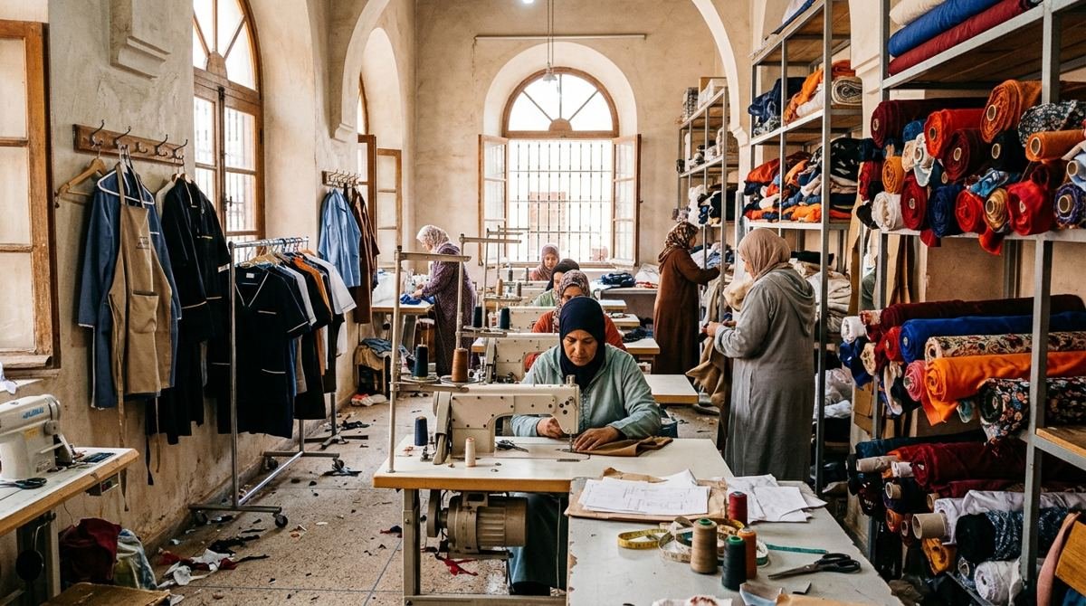 Atelier de couture avec couturières et rouleaux de tissu