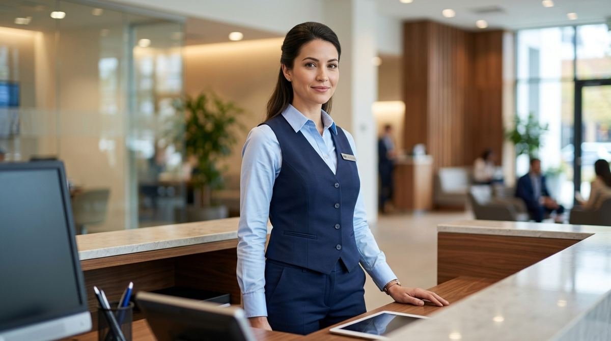 Employée d'accueil en chemise bleue et gilet marine