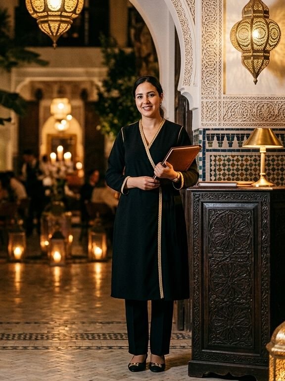 Hôtesse en tunique noire à bordure dorée
