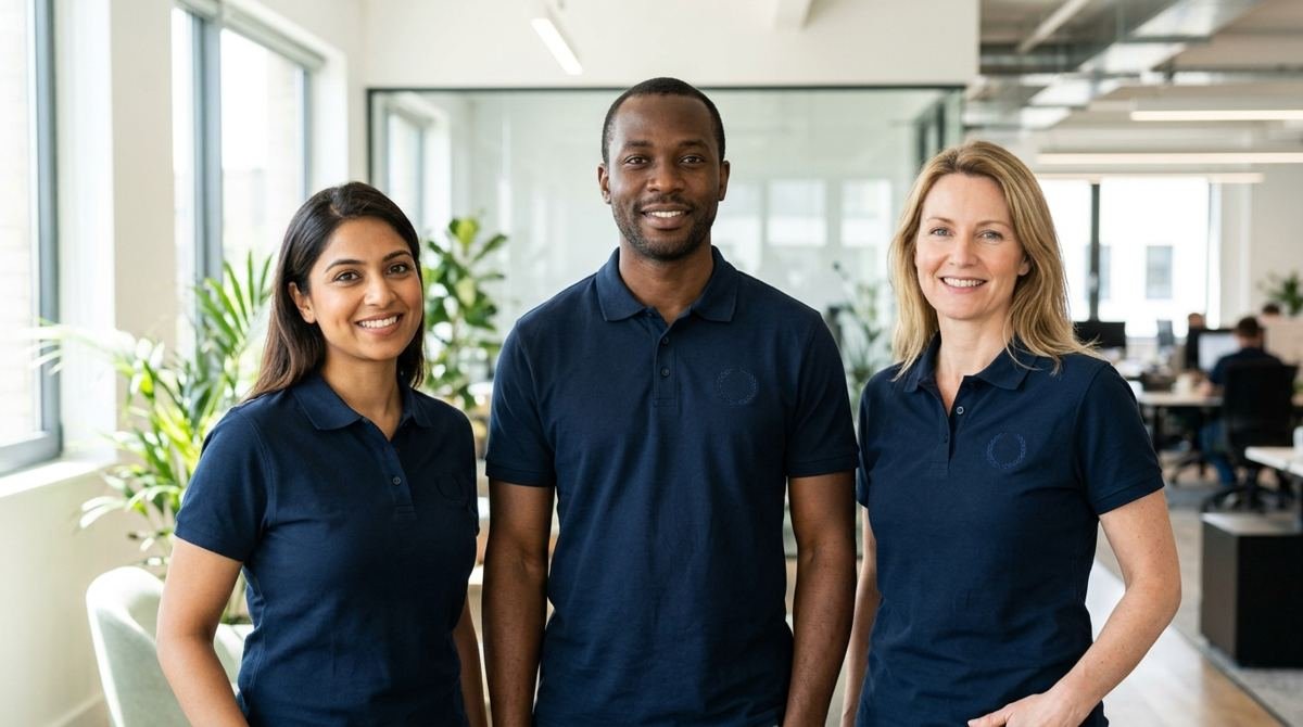 Trois employés en polo marine dans un bureau